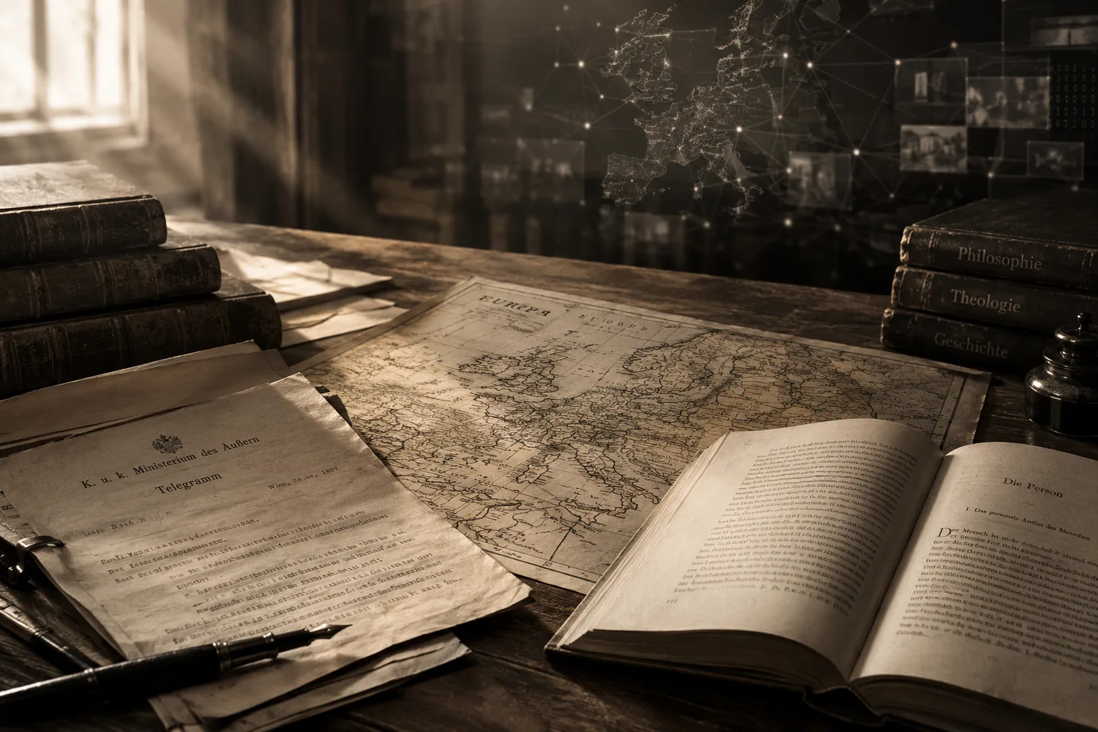Schreibtisch mit diplomatischer Depesche, historischer Europakarte und aufgeschlagenem philosophischem Buch