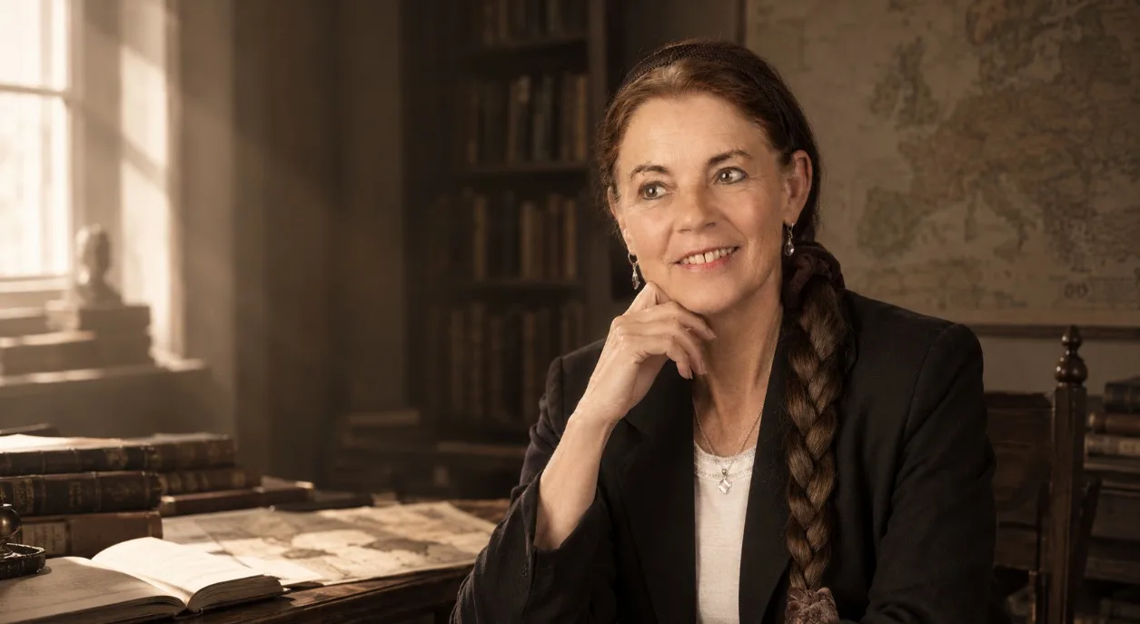 Dr. Magdalena Börsig-Hover am Schreibtisch vor Bücherregal und historischer Landkarte